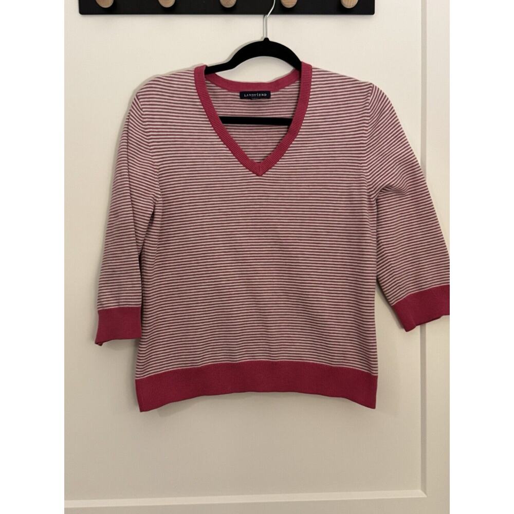 LANDS END Cotton Sweater L Pink/white Striped V-neck Pullover Sz M 10-12